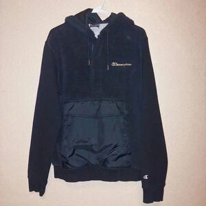 Champion Men's M  Hoodie Gold Tone Plate Logo Black Fleece Zip & Pocket